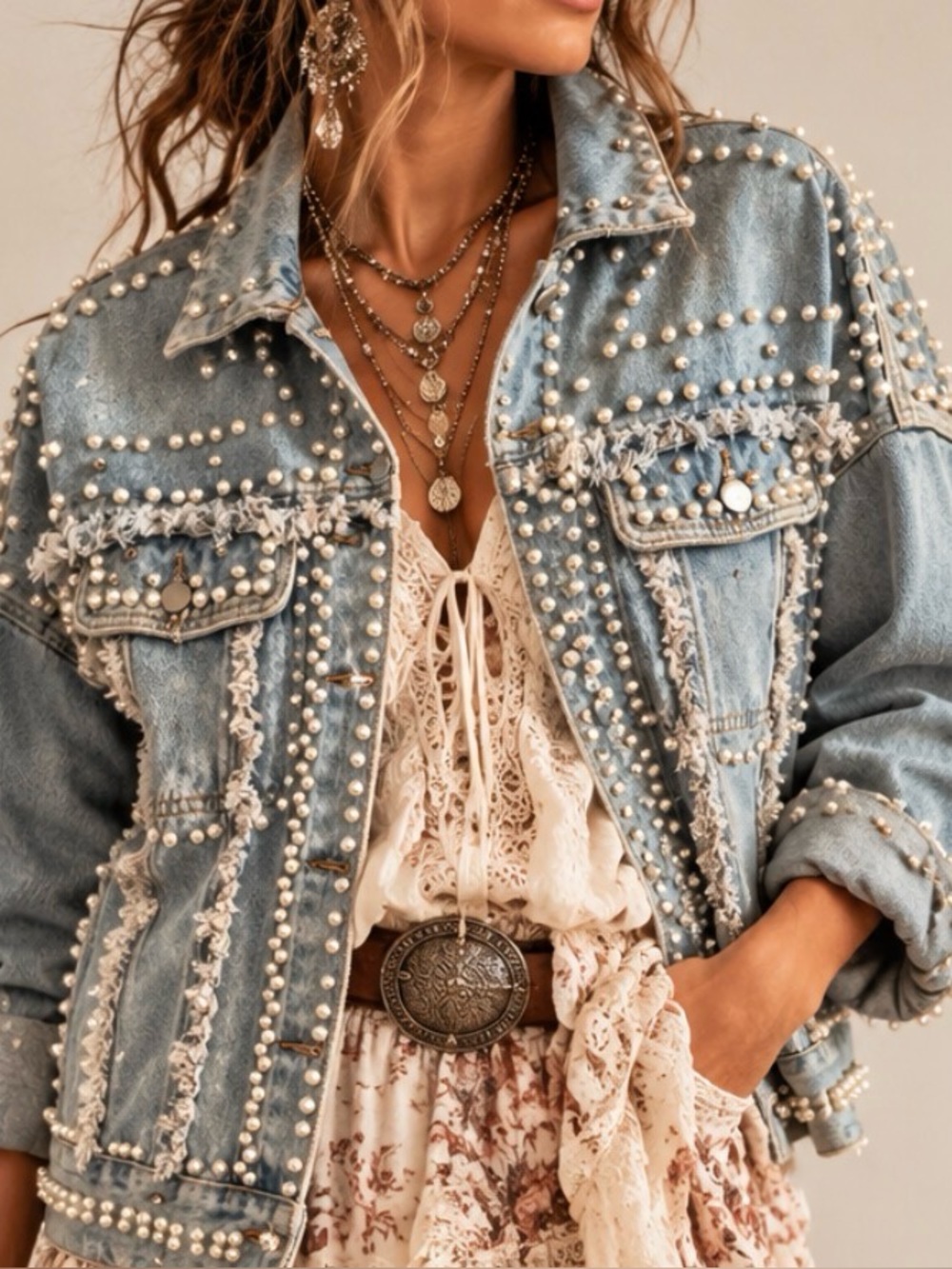 New with tags Studded Pearl Light Blue Denim Jacket - Women